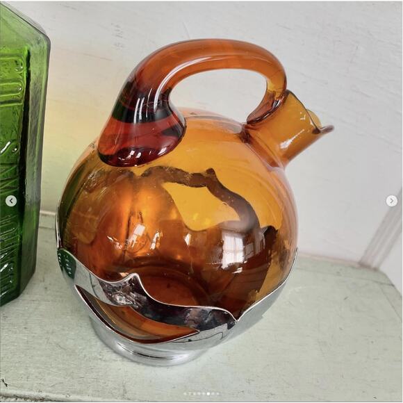 Vintage Amber Brown Glass Decanter Pitcher Silver Krome Kraft Barware Farber - Picture 6 of 8
